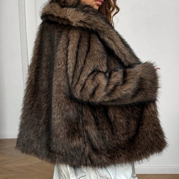 Brown Casual Women's Solid Color Long-Sleeved Open-Front Loose Faux Fur Coat - Picture 2 of 6